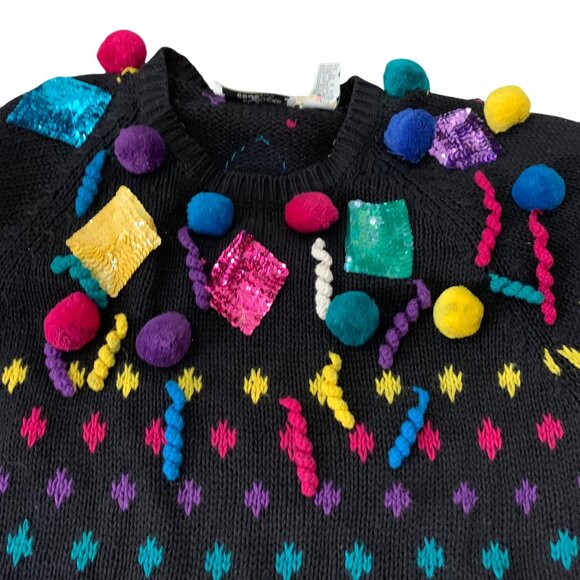 VTG The Bonnie Boerer Company Colorful Pom Pom Confetti Christmas Sweater SZ L - Picture 2 of 8